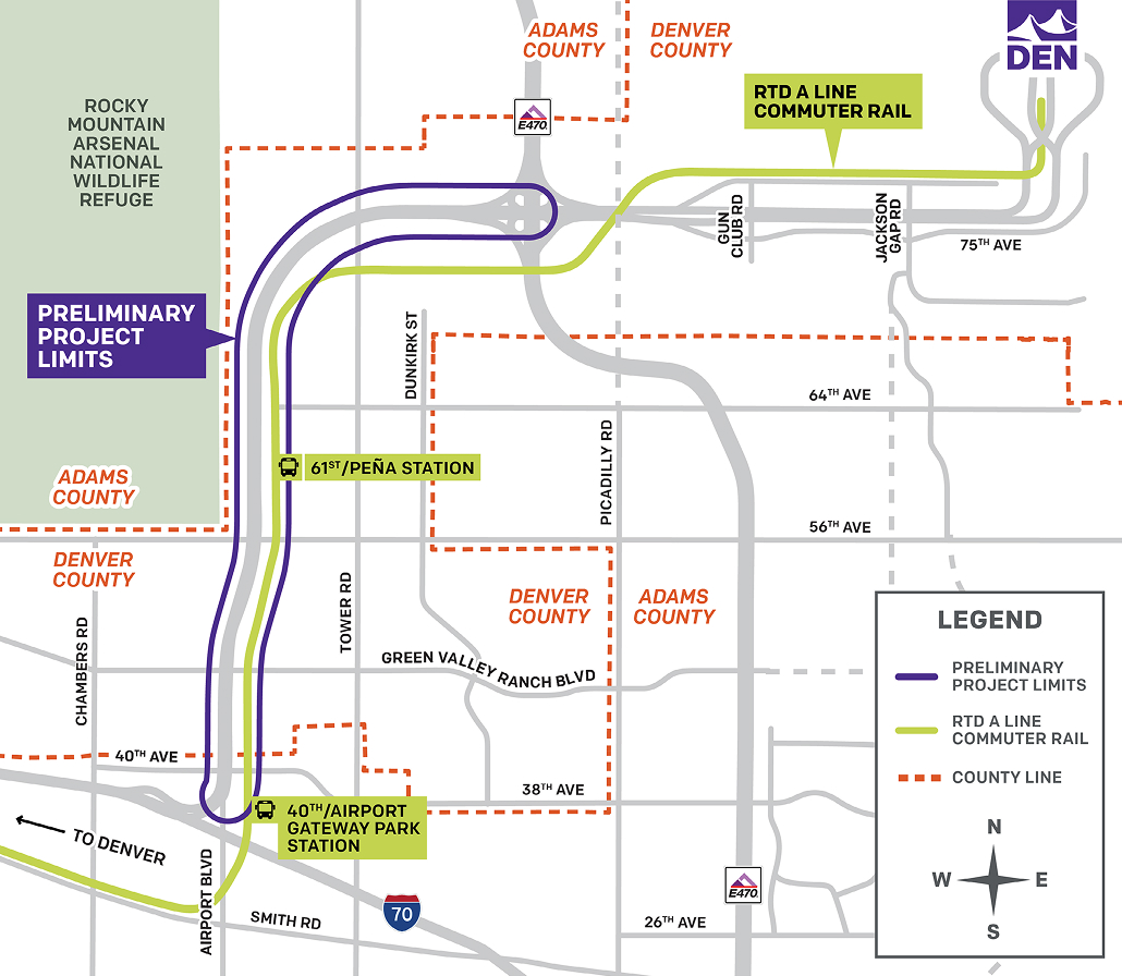 Map of the Peña NEPA and Design Project area in northeast Denver. The map shows the RTD A Line commuter rail corridor running between Denver International Airport (DEN) and downtown Denver, with the preliminary project limits highlighted in purple along the rail line between 40th/Airport Gateway Park Station and 61st/Peña Station. Major roads shown include Peña Boulevard, Tower Road, Picadilly Road, Green Valley Ranch Boulevard, and I-70. The Rocky Mountain Arsenal National Wildlife Refuge is located west of the corridor. Dashed orange lines indicate Denver County and Adams County boundaries. A legend identifies the preliminary project limits, the RTD A Line commuter rail, and county lines, with a north arrow for orientation.