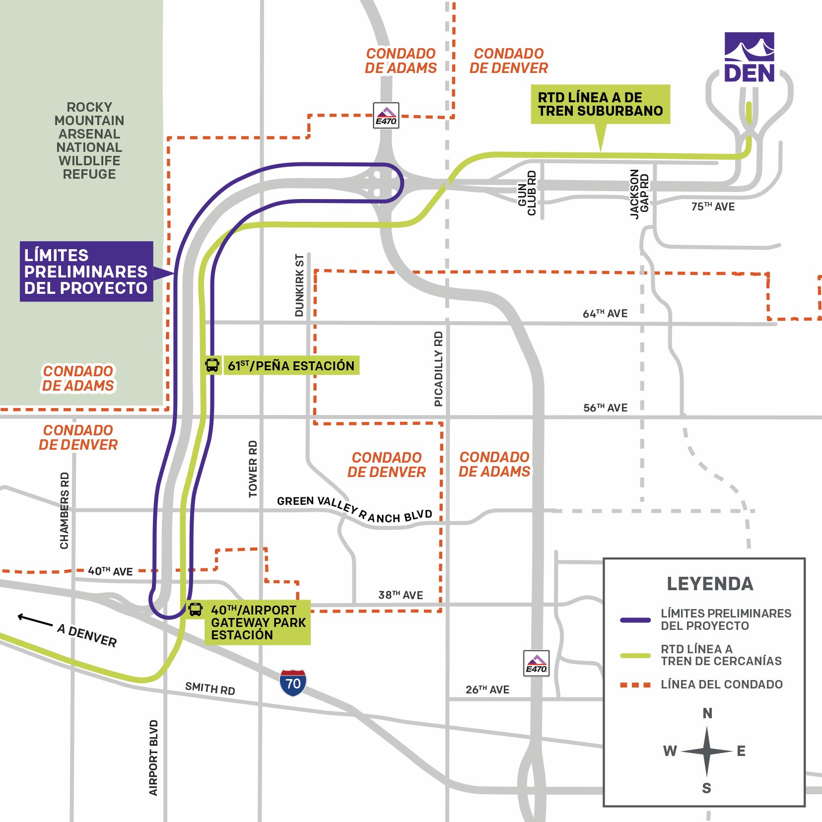 Mapa del área del proyecto Peña NEPA y Design en el noreste de Denver. El mapa muestra el corredor ferroviario de pasajeros de la Línea A de RTD entre el Aeropuerto Internacional de Denver (DEN) y el centro de Denver, con los límites preliminares del proyecto resaltados en color morado a lo largo de la línea de tren entre las estaciones 40th/Airport Gateway Park y 61st/Peña. Las principales vialidades que se muestran incluyen Peña Boulevard, Tower Road, Picadilly Road, Green Valley Ranch Boulevard e I-70. El Refugio Nacional de Vida Silvestre Rocky Mountain Arsenal se encuentra al oeste del corredor. Las líneas de punto naranja indican los límites entre los condados de Denver y Adams. La leyenda identifica los límites preliminares del proyecto, la Línea A de RTD y los límites de los condados, e incluye una flecha de norte para indicar la orientación.