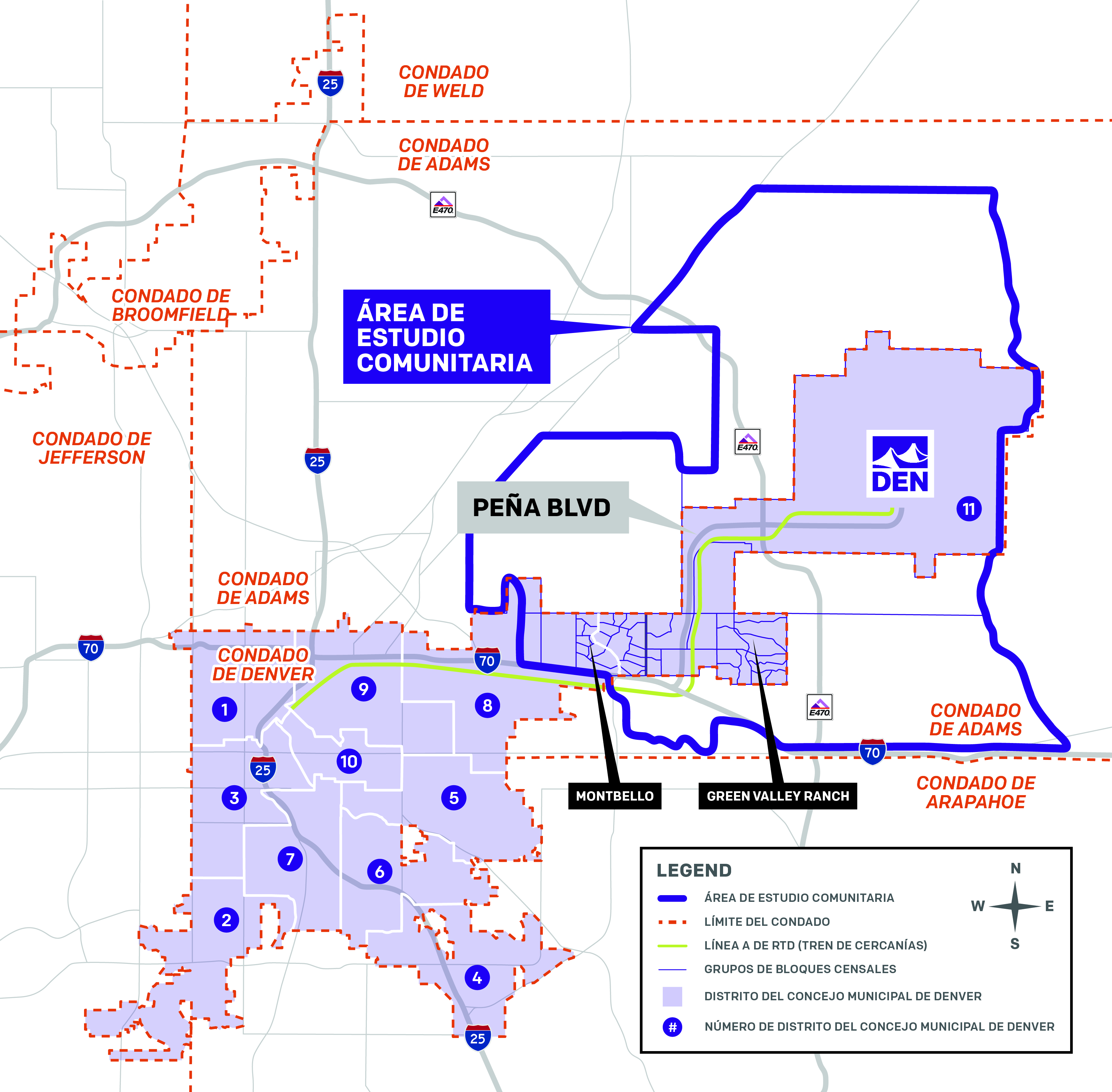 Mapa regional que muestra el Área de Estudio Comunitario del proyecto Peña NEPA y Design en el noreste de Denver y los condados circundantes. Un contorno morado resalta el Área de Estudio Comunitario, que se extiende a lo largo de Peña Boulevard entre el centro de Denver y el Aeropuerto Internacional de Denver (DEN). El corredor del tren de pasajeros de la Línea A de RTD se muestra paralelo a Peña Boulevard, conectando el centro de Denver con el Aeropuerto Internacional de Denver. Los límites de los condados de Adams, Denver, Arapahoe, Broomfield, Jefferson y Weld están marcados con líneas de punto naranja. Los distritos del Concejo Municipal de Denver y los grupos censales aparecen sombreados y numerados, con etiquetas que identifican los vecindarios de Montbello y Green Valley Ranch. La leyenda identifica el Área de Estudio Comunitario, los límites de los condados, los grupos censales y los distritos del Concejo Municipal de Denver.