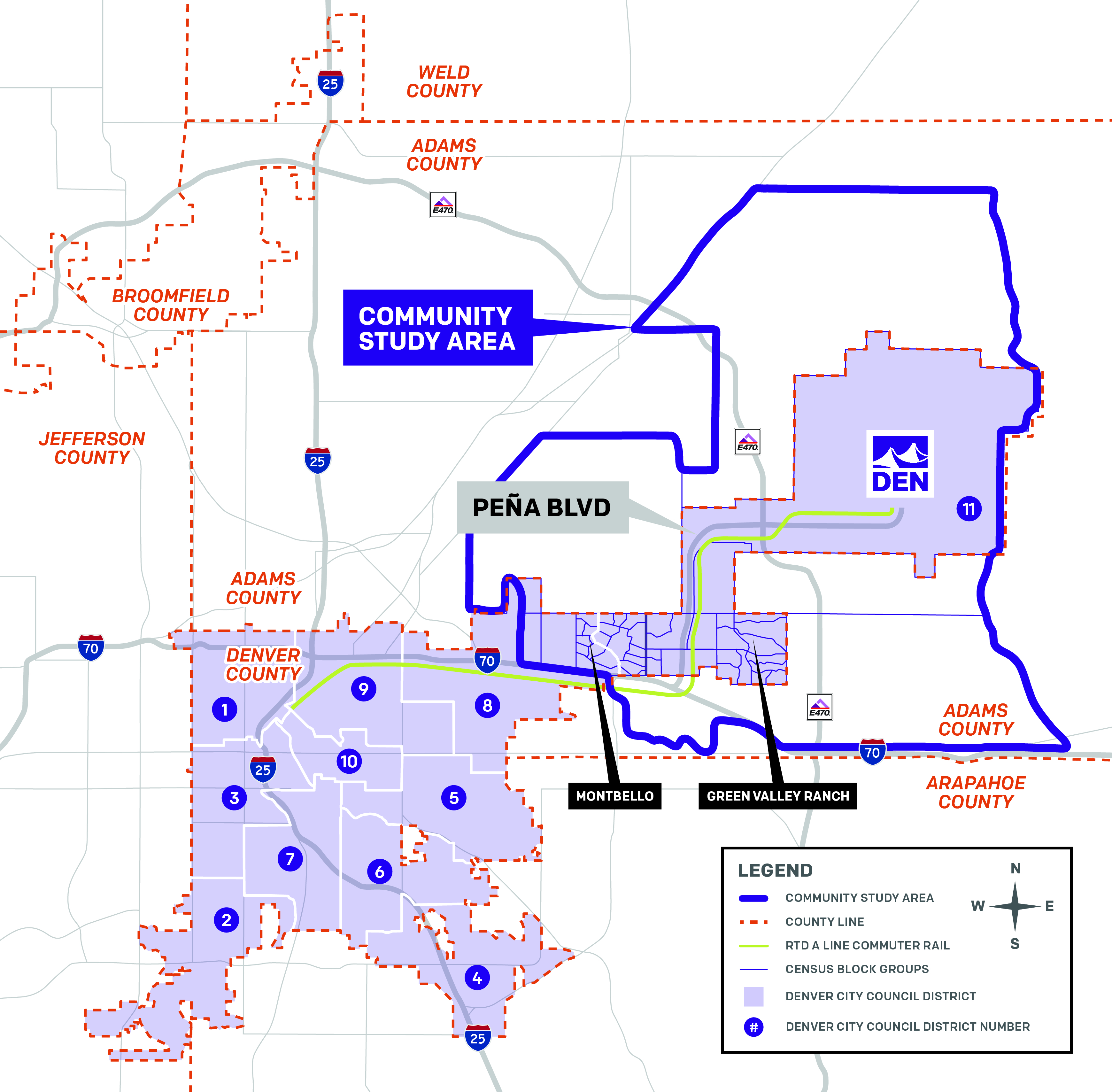 Regional map showing the Peña NEPA and Design Project community study area in northeast Denver and surrounding counties. A purple outline highlights the community study area extending along Peña Boulevard between central Denver and Denver International Airport (DEN). The RTD A Line commuter rail corridor is shown running alongside Peña Boulevard and connecting downtown Denver with Denver International Airport. County boundaries for Adams, Denver, Arapahoe, Broomfield, Jefferson, and Weld counties are marked with dashed orange lines. Denver City Council districts and census block groups are shaded and numbered, with callouts identifying the Montbello and Green Valley Ranch neighborhoods. A legend identifies the community study area, county lines, census block groups, and Denver City Council districts.