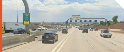 A photo of a barrier separated two lane of managed lanes on I-25 Southbound at I-70.
