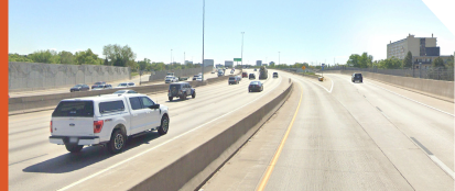 A photo of a barrier separated Collector-Distributor Roads on I-25 Southbound at Franklin St.