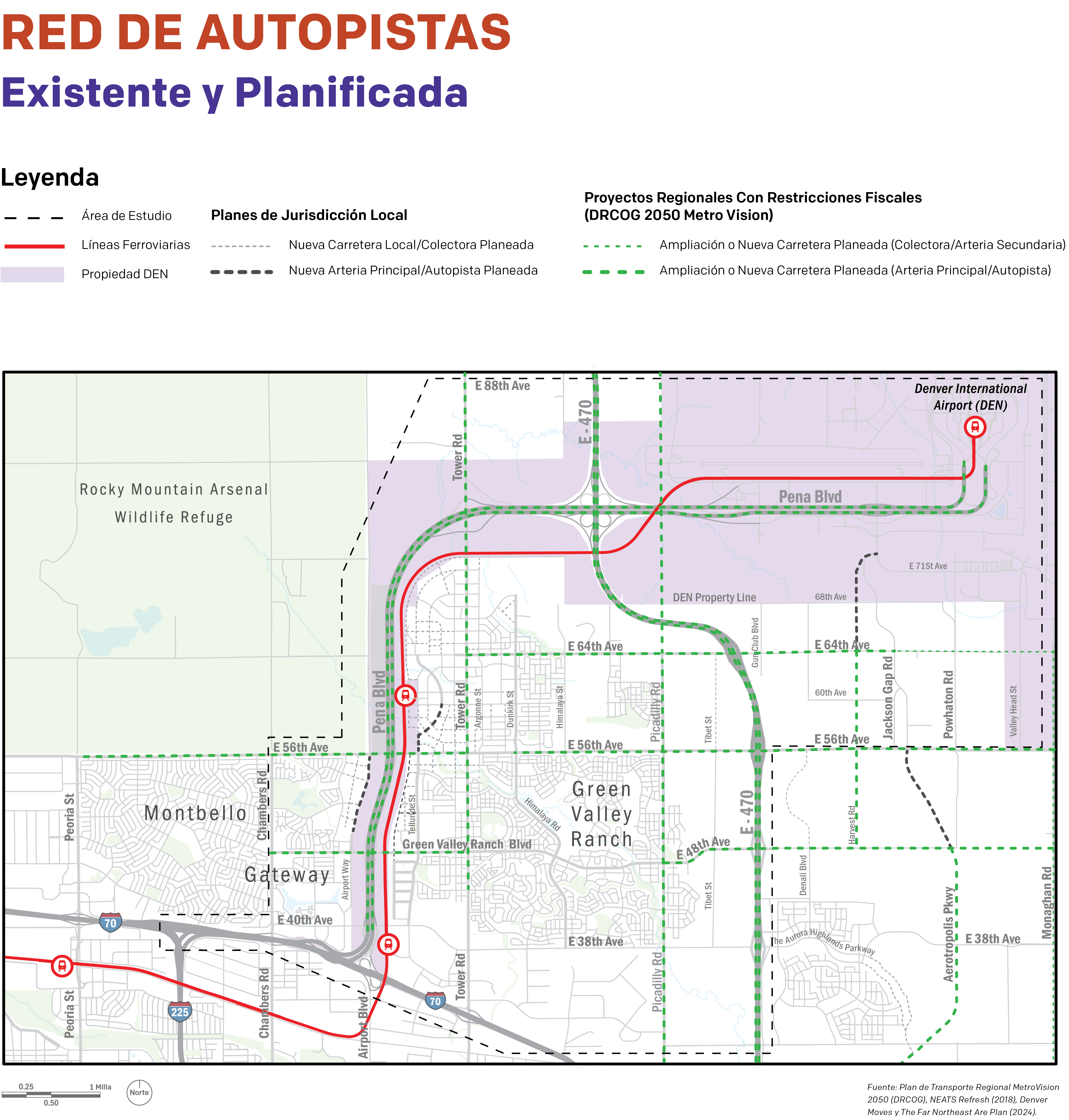 Map showing existing and planned roadway network near DEN and within the project area. The study area is outlined with a dashed black line, and DEN property is shaded in light purple. The RTD A Line is shown in solid red, and existing roads are shown in solid gray. Planned new local roads and collectors are indicated with thin gray dashed lines, while planned new major arterials or freeways are shown with thick black dashed lines. Planned widening or new roads that are fiscally constrained regional projects in the Denver Regional Council of Governments 2050 Metro Vision plan are marked with green dashed lines — thin for collectors/minor arterials and thick for major arterials/freeways. Key roads labeled include Peña Boulevard, Tower Road, Picadilly Road, and major east-west streets such as East 40th Avenue, East 56th Avenue, and East 64th Avenue. The Rocky Mountain Arsenal Wildlife Refuge is shown on the left, and neighborhoods like Montbello, Gateway, and Green Valley Ranch are labeled. A legend at the top explains symbols for study area, rail lines, DEN property, and planned roadway types.